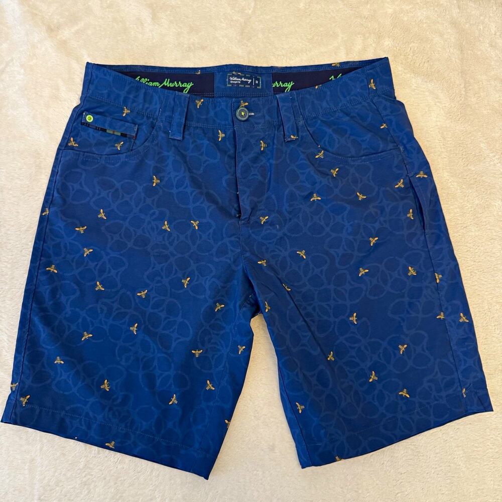 William Murray Men's Blue Geometric Chino Shorts Straight Fit Flat Front Cotton